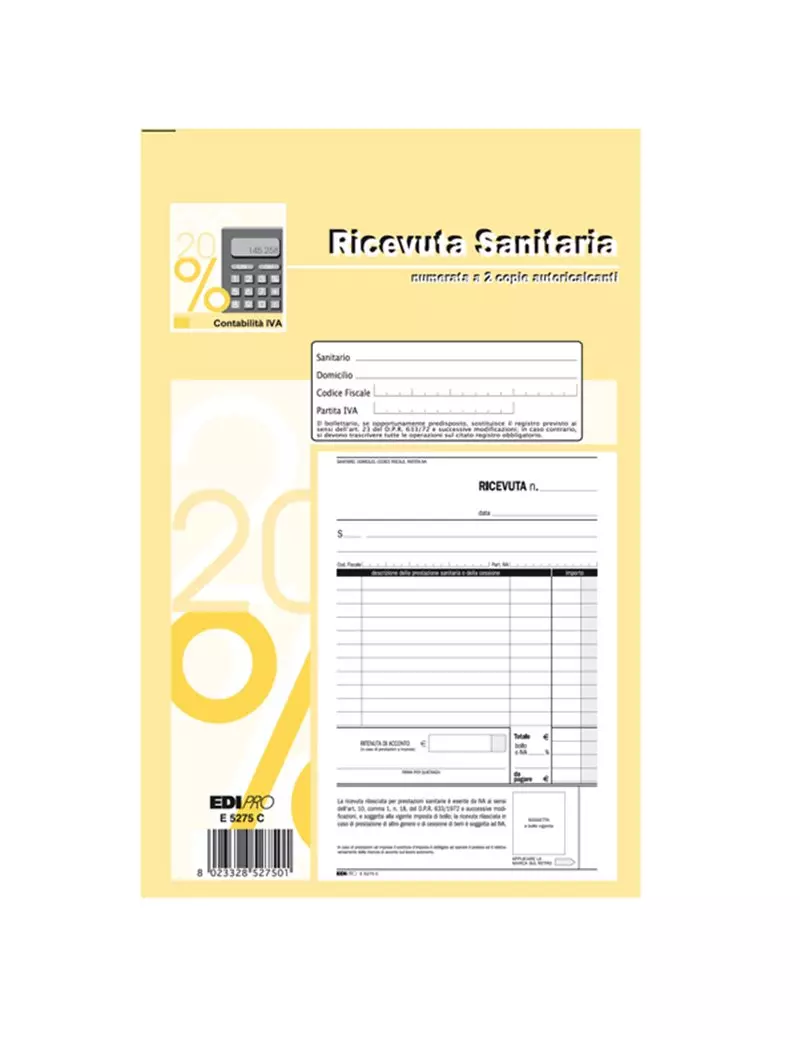 Blocco Ricevute Sanitarie Edipro - 15x23 cm - 50/50 Fogli Autoricalcanti Numerati - E5275C Blocco Ricevute Sanitarie Edipro - 15x23 cm - 50/50 Fogli Autoricalcanti Numerati - E5275C