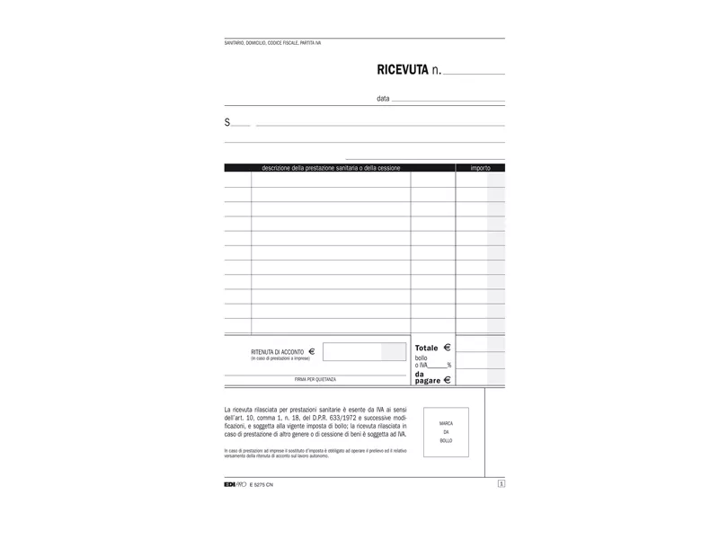 Blocco Ricevute Sanitarie Edipro - 15x23 cm - 50/50 Fogli Autoricalcanti - E5275CN