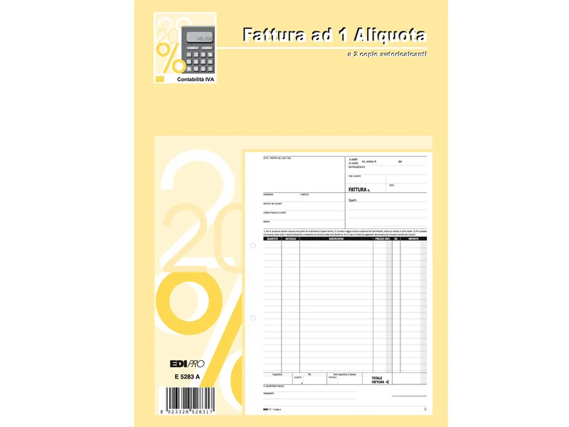 Blocco Fatture 1 Aliquota IVA Edipro - 21x29,7 cm - 50/50 Fogli Autoricalcanti - E5283A Blocco Fatture 1 Aliquota IVA Edipro - 21x29,7 cm - 50/50 Fogli Autoricalcanti - E5283A