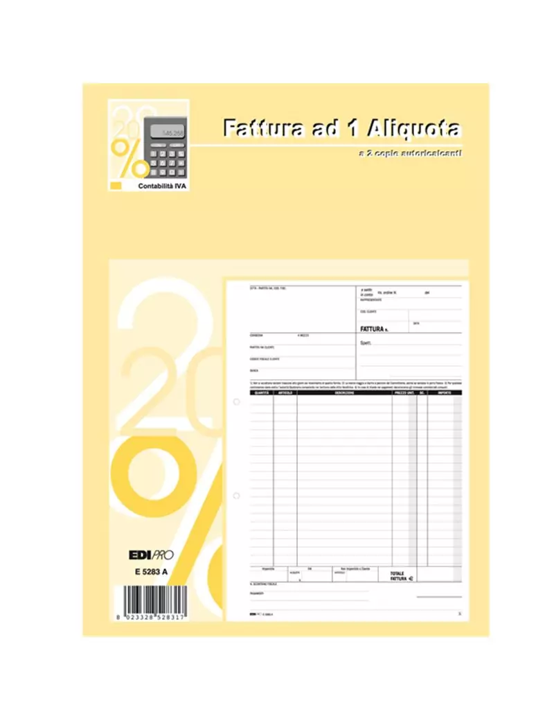 Blocco Fatture 1 Aliquota IVA Edipro - 21x29,7 cm - 50/50 Fogli Autoricalcanti - E5283A Blocco Fatture 1 Aliquota IVA Edipro - 21x29,7 cm - 50/50 Fogli Autoricalcanti - E5283A