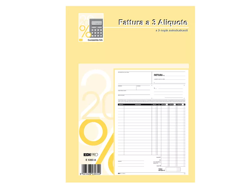 Blocco Fatture 3 Aliquote IVA Edipro - 21x29,7 cm - 50/50 Fogli Autoricalcanti - E5303A Blocco Fatture 3 Aliquote IVA Edipro - 21x29,7 cm - 50/50 Fogli Autoricalcanti - E5303A