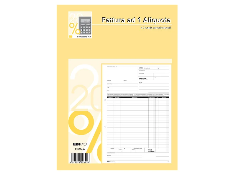Blocco Fatture 1 Aliquota IVA Edipro - 21x29,7 cm - 33/33/33 Fogli Autoricalcanti - E5284A