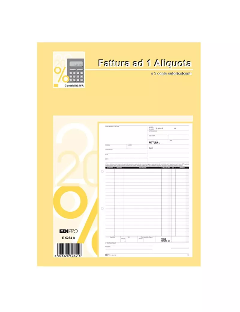 Blocco Fatture 1 Aliquota IVA Edipro - 21x29,7 cm - 33/33/33 Fogli Autoricalcanti - E5284A Blocco Fatture 1 Aliquota IVA Edipro - 21x29,7 cm - 33/33/33 Fogli Autoricalcanti - E5284A