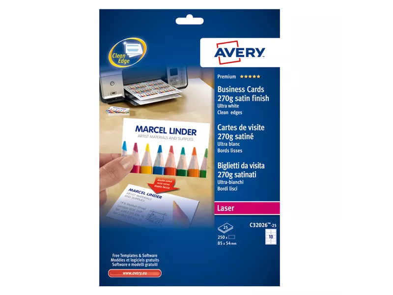 Biglietti da Visita Quick&Clean Avery - Fronte e Retro - 270 g - C32026-25 (Bianco Effetto Satinato Conf. 250)