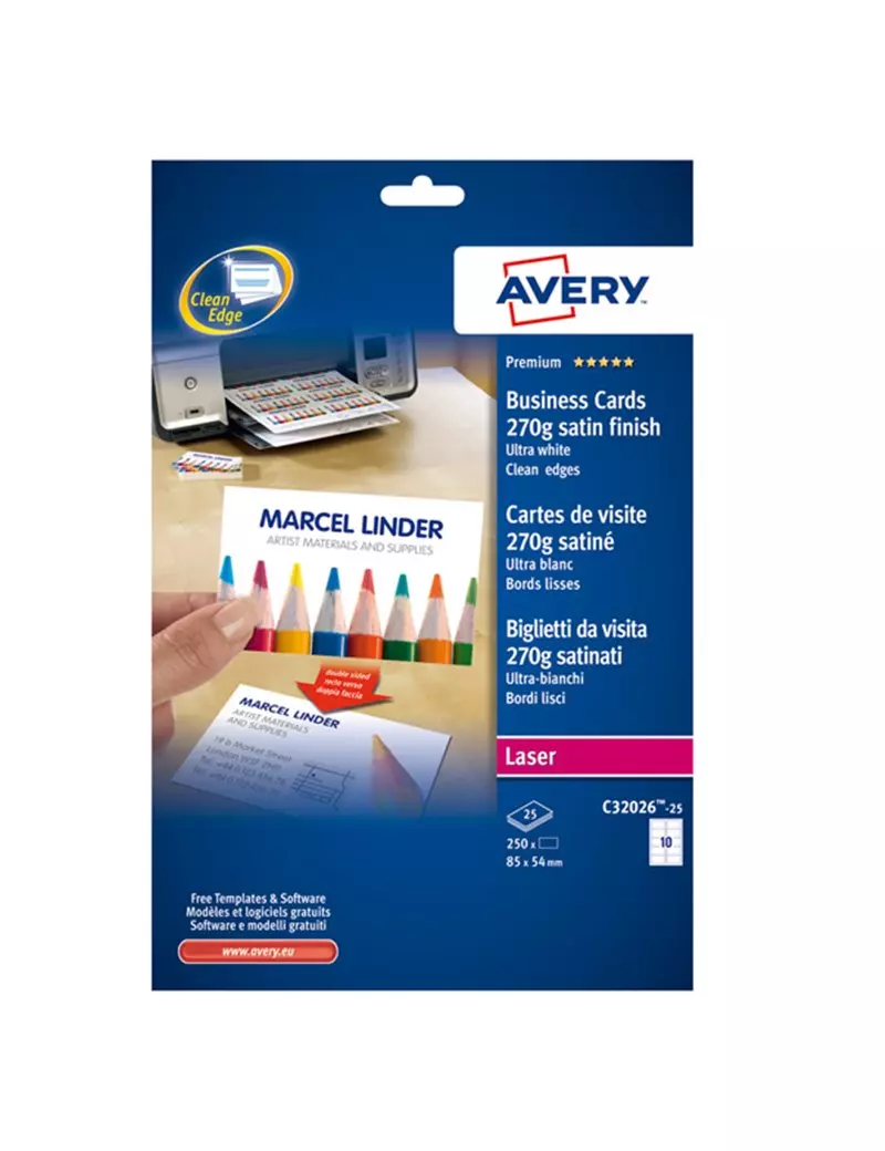 Biglietti da Visita Quick&Clean Avery - Fronte e Retro - 270 g - C32026-25 (Bianco Effetto Satinato Conf. 250)