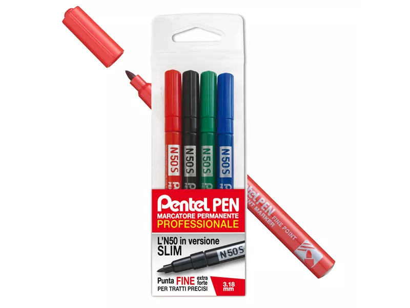 Marcatore Permanente N50S Slim Pentel - Punta Tonda - 1 mm - 0022066 (Assortiti Conf. 4)
