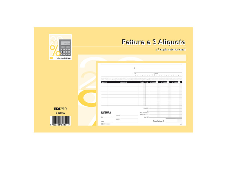 Blocco Fatture 3 Aliquote IVA Edipro - 15x23 cm - 50/50 Fogli Autoricalcanti - E5289A Blocco Fatture 3 Aliquote IVA Edipro - 15x23 cm - 50/50 Fogli Autoricalcanti - E5289A