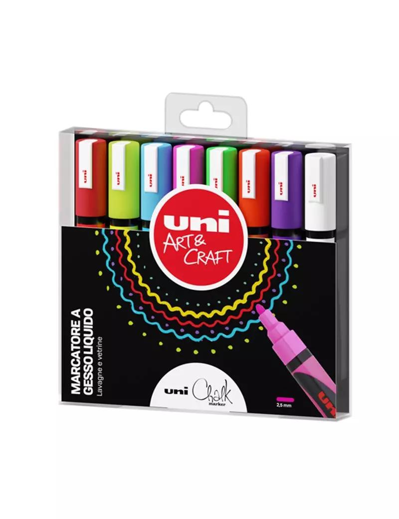 Marcatore a Gesso Liquido Uni Chalk PWE5M Uni-Ball - Punta Tonda - 1,8-2,5 mm - M PWE5M 8P (Assortiti Conf. 8) Marcatore a Gesso Liquido Uni Chalk PWE5M Uni-Ball - Punta Tonda - 1,8-2,5 mm - M PWE5M 8P (Assortiti Conf. 8)
