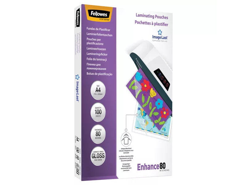 Pouches per Plastificatrici Enhance80 Fellowes - 216x303 mm - 80 micron - 5306114 (Trasparente Conf. 100)