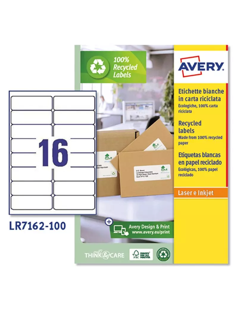 Etichette Adesive per Pacchi e Buste Avery - A4 - 99,1x33,9 mm - LR7162-100 (Bianco Conf. 100)