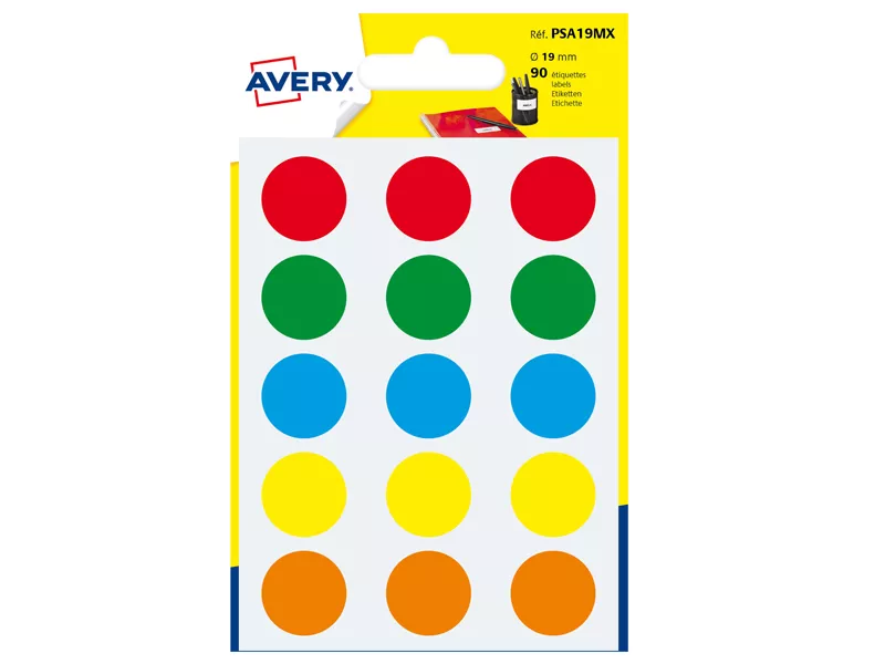 Etichette Adesive Rotonde in Bustina Avery - 19 mm - PSA19MX (Assortiti Conf. 6) Etichette Adesive Rotonde in Bustina Avery - 19 mm - PSA19MX (Assortiti Conf. 6)