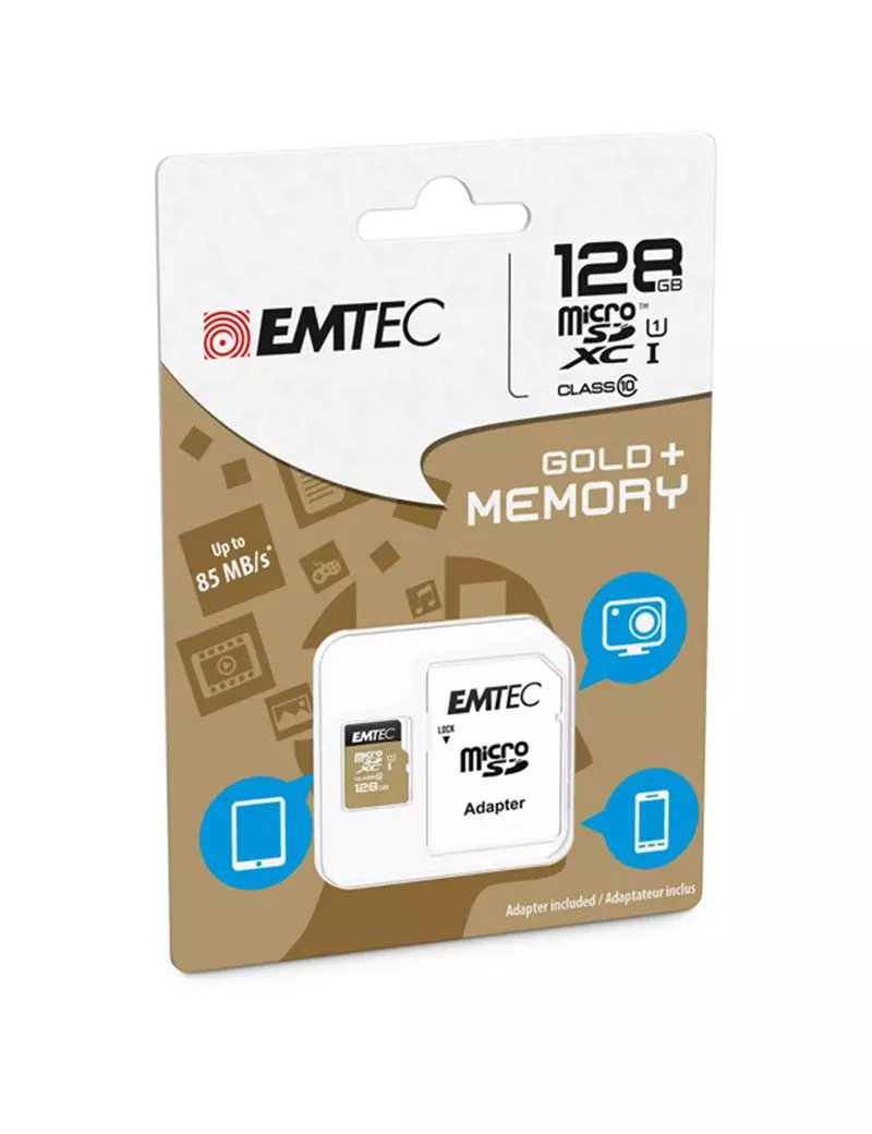 Micro SDXC Class 10 Gold Plus Emtec - con Adattatore - 128 GB - ECMSDM128GXC10GP Micro SDXC Class 10 Gold Plus Emtec - con Adattatore - 128 GB - ECMSDM128GXC10GP