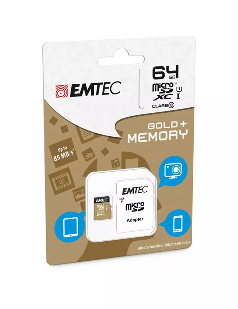 Micro SDXC Class 10 Gold Plus Emtec - con Adattatore - 64 GB - ECMSDM64GXC10GP Micro SDXC Class 10 Gold Plus Emtec - con Adattatore - 64 GB - ECMSDM64GXC10GP
