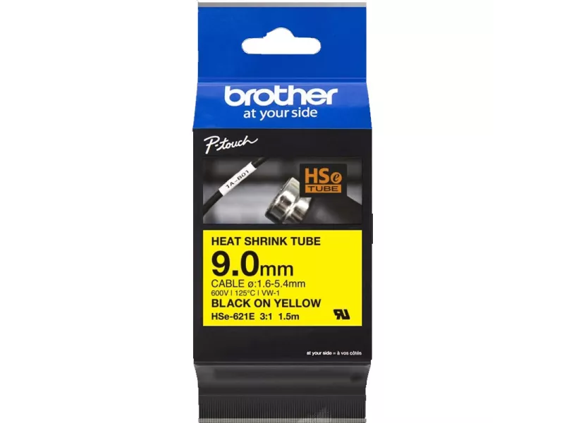 Nastro Originale Brother HSe-621E - 9 mm x 1,5 m - Termorestringente (Nero su Giallo)