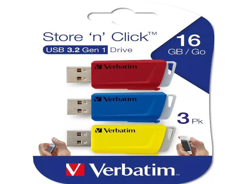Pen Drive Store'n'Click Verbatim - USB 3.2 - 16GB - 49306 (Rosso Giallo Blu Conf. 3) Pen Drive Store'n'Click Verbatim - USB 3.2 - 16GB - 49306 (Rosso Giallo Blu Conf. 3)