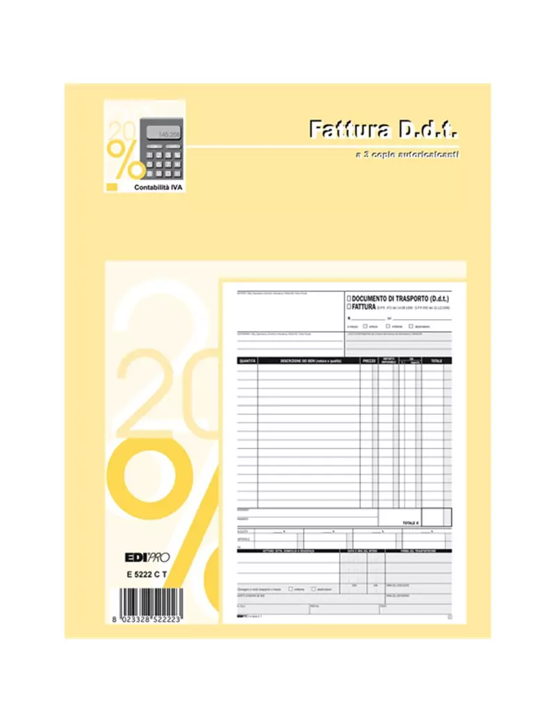 Blocco Fattura/DDT Edipro - 22x29,7 cm - 33/33/33 Fogli Autoricalcanti - E5222CT Blocco Fattura/DDT Edipro - 22x29,7 cm - 33/33/33 Fogli Autoricalcanti - E5222CT