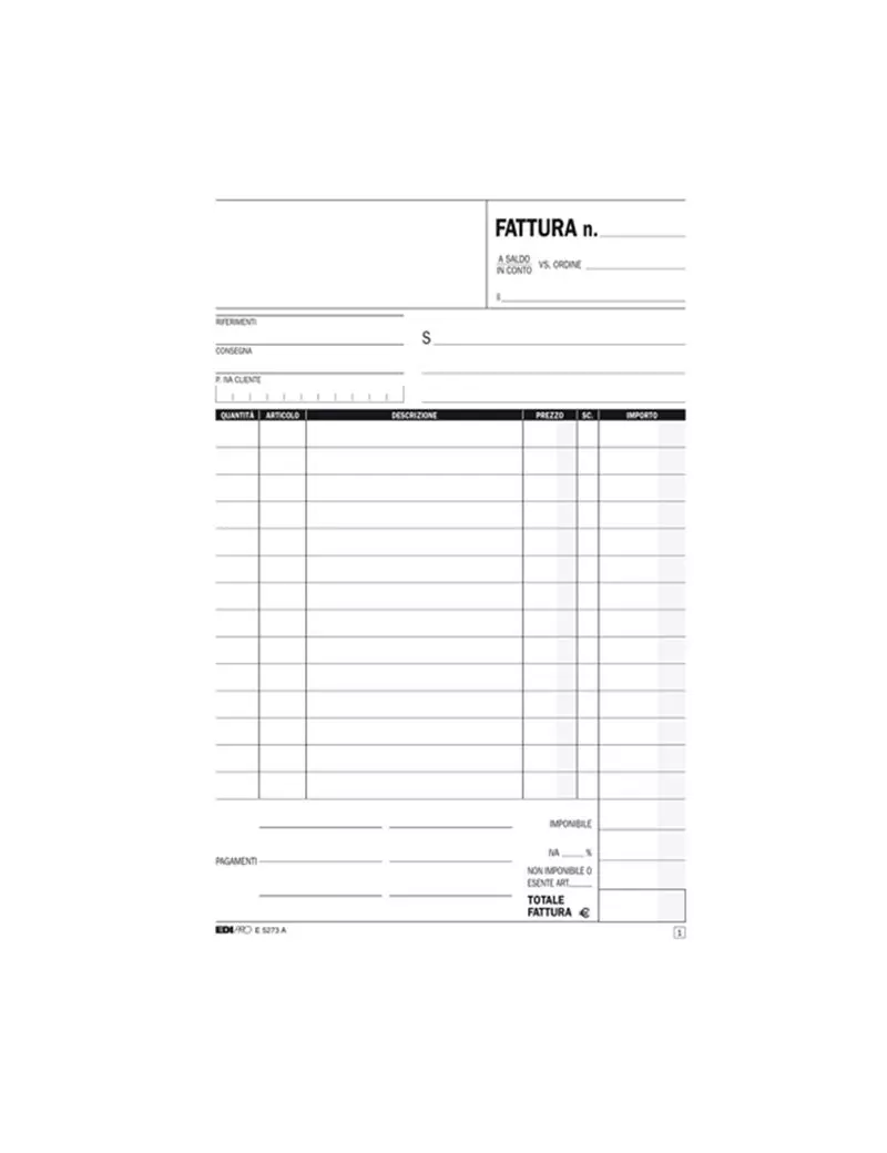 Blocco Fatture 1 Aliquota IVA Edipro - 14,8x23 cm - 33/33/33 Fogli Autoricalcanti - E5273CT Blocco Fatture 1 Aliquota IVA Edipro - 14,8x23 cm - 33/33/33 Fogli Autoricalcanti - E5273CT