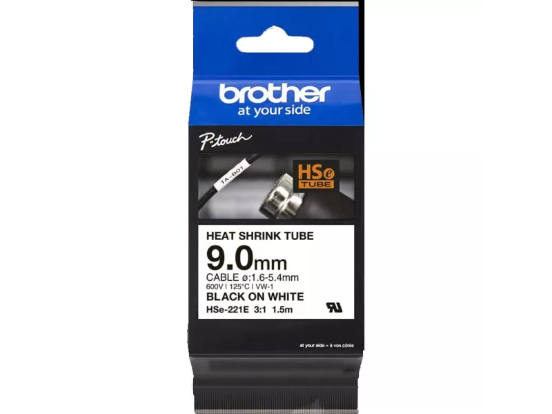 Nastro Originale Brother HSe-221E - 9 mm x 1,5 m - Termorestringente (Nero su Bianco)