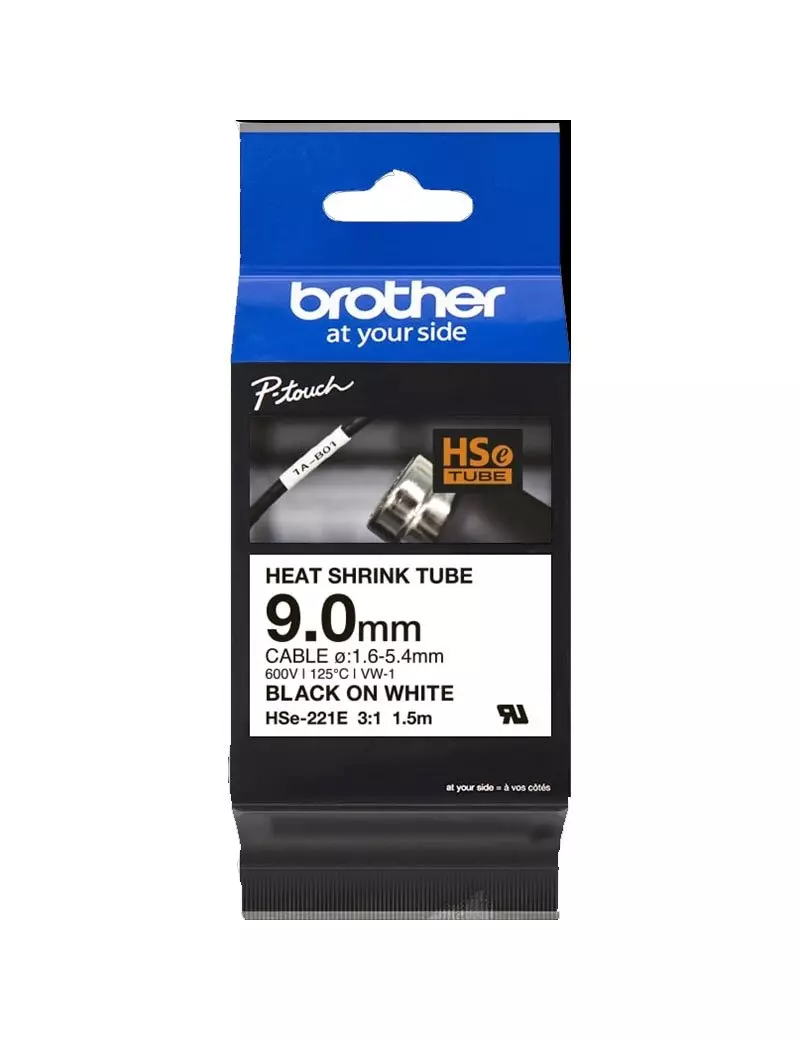 Nastro Originale Brother HSe-221E - 9 mm x 1,5 m - Termorestringente (Nero su Bianco)