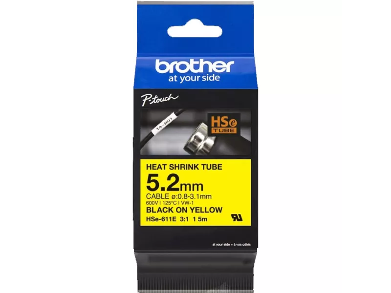Nastro Originale Brother HSe-611E - 5,2 mm x 1,5 m - Termorestringente (Nero su Giallo)
