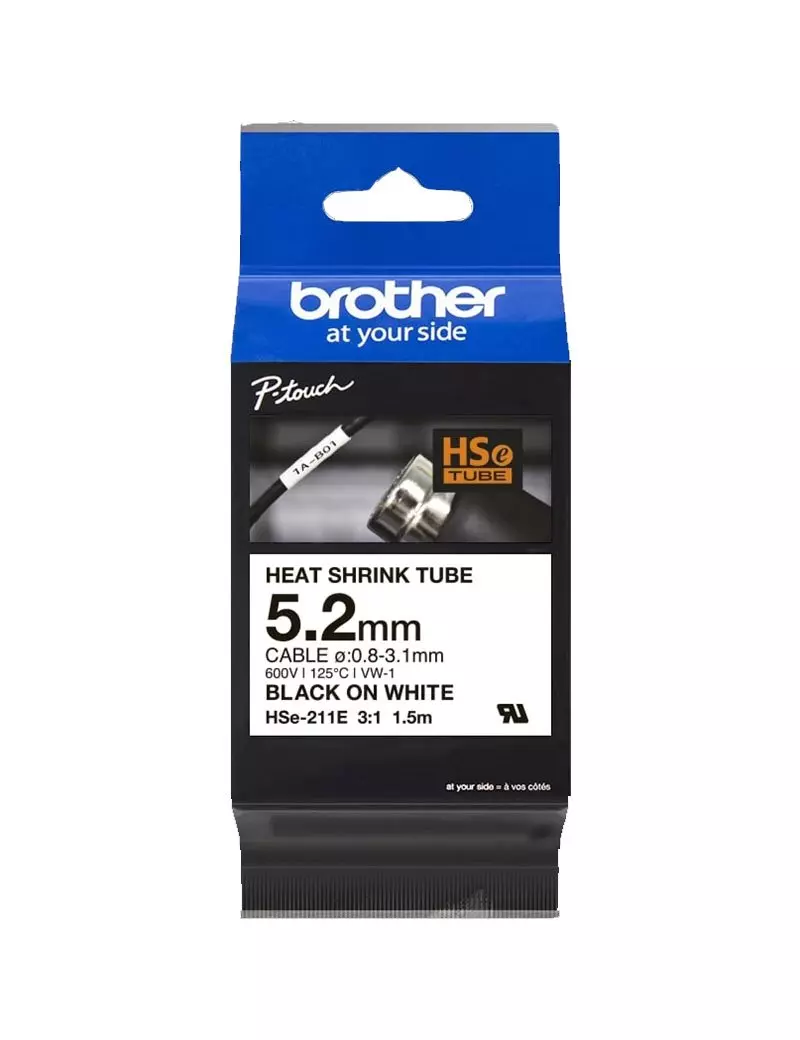 Nastro Originale Brother HSe-211E - 5,2 mm x 1,5 m - Termorestringente (Nero su Bianco)