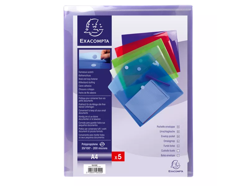 Busta a Tasca con Bottone in Velcro Exacompta - PPL - A4 - 56420E (Assortiti Trasparenti Conf. 5)