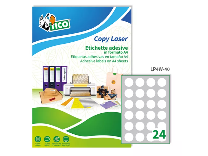 Etichette Adesive Rotonde Tico - 40 mm - Opache - LP4W-40 (Bianco Conf. 100)