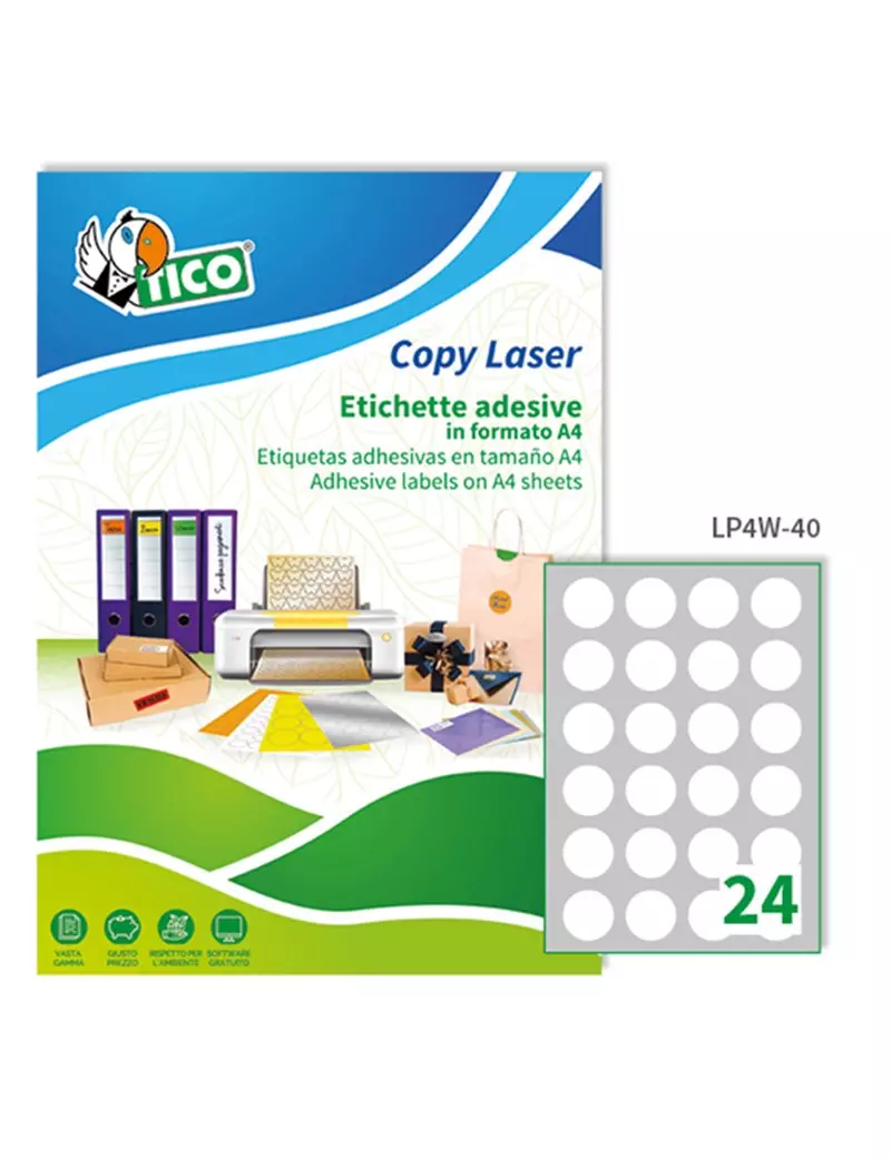 Etichette Adesive Rotonde Tico - 40 mm - Opache - LP4W-40 (Bianco Conf. 100) Etichette Adesive Rotonde Tico - 40 mm - Opache - LP4W-40 (Bianco Conf. 100)