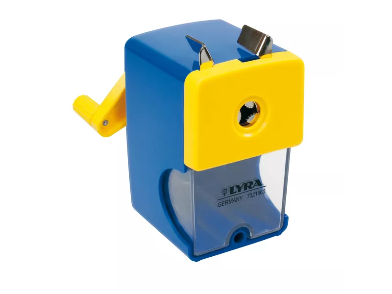 Temperamatite a Manovella con Contenitore Lyra - 1 Foro - L7321660 (Giallo e Blu)