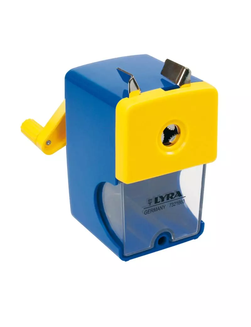 Temperamatite a Manovella con Contenitore Lyra - 1 Foro - L7321660 (Giallo e Blu)