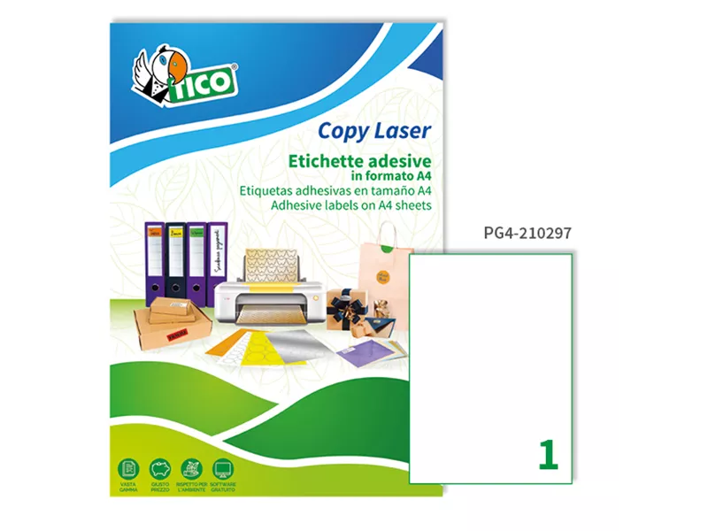 Etichette Adesive Copy Laser Tico - A4 - 210x297 mm - PG4-210297 (Bianco Conf. 100)