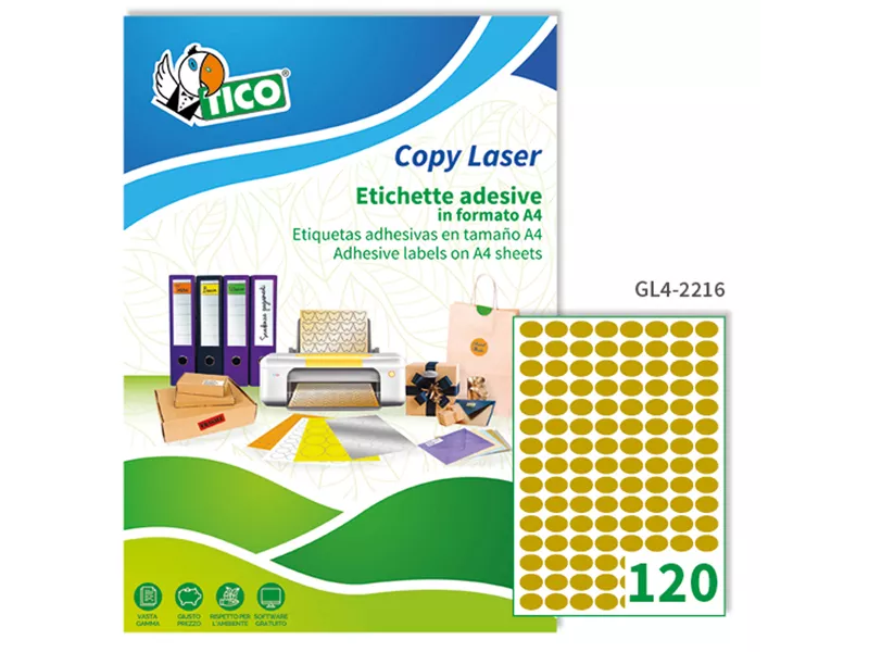 Etichette Adesive Ovali Tico - 22x16 mm - GL4-2216 (Oro Satinato Conf. 100) Etichette Adesive Ovali Tico - 22x16 mm - GL4-2216 (Oro Satinato Conf. 100)