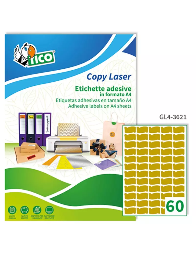 Etichette Adesive Sagomate Tico - 36x21 mm - GL4-3621 (Oro Satinato Conf. 100) Etichette Adesive Sagomate Tico - 36x21 mm - GL4-3621 (Oro Satinato Conf. 100)