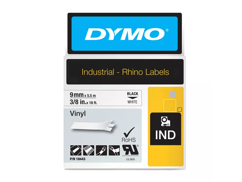 Nastro Originale Dymo 18483 - 9 mm x 5,5 m - Vinile (Nero su Bianco)