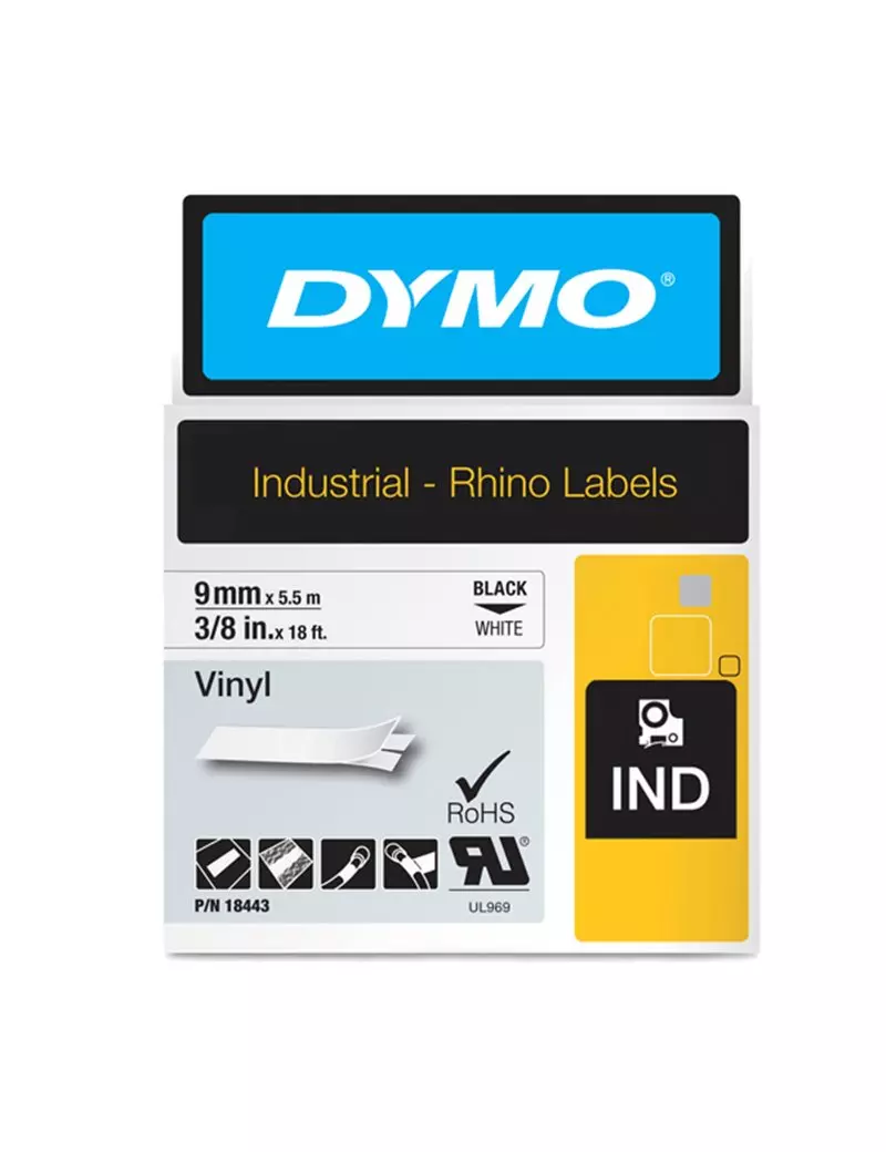 Nastro Originale Dymo 18483 - 9 mm x 5,5 m - Vinile (Nero su Bianco)