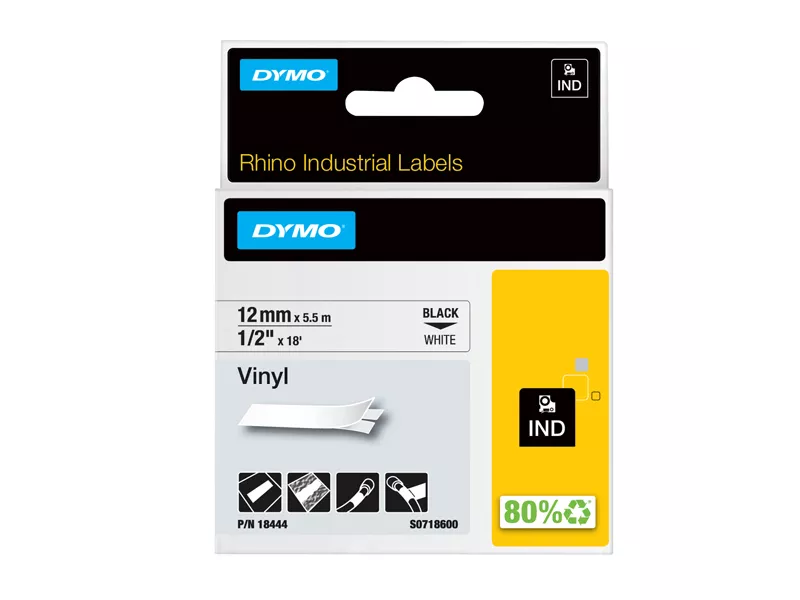 Nastro Originale Dymo 18444 - 12 mm x 5,5 m - Vinile (Nero su Bianco)