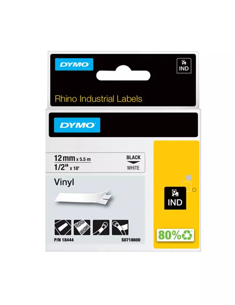 Nastro Originale Dymo 18444 - 12 mm x 5,5 m - Vinile (Nero su Bianco)