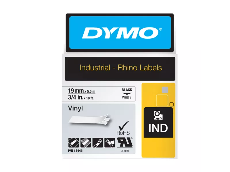 Nastro Originale Dymo 18445 - 19 mm x 5,5 m - Vinile (Nero su Bianco)