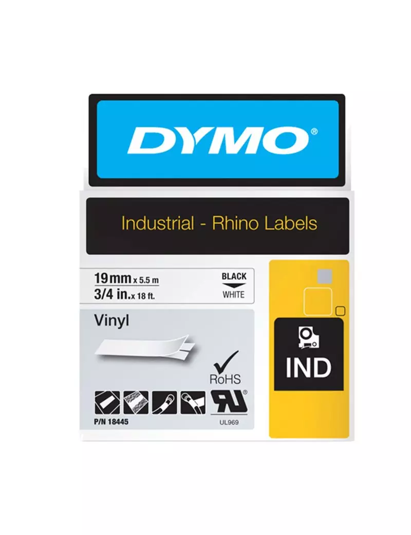 Nastro Originale Dymo 18445 - 19 mm x 5,5 m - Vinile (Nero su Bianco)