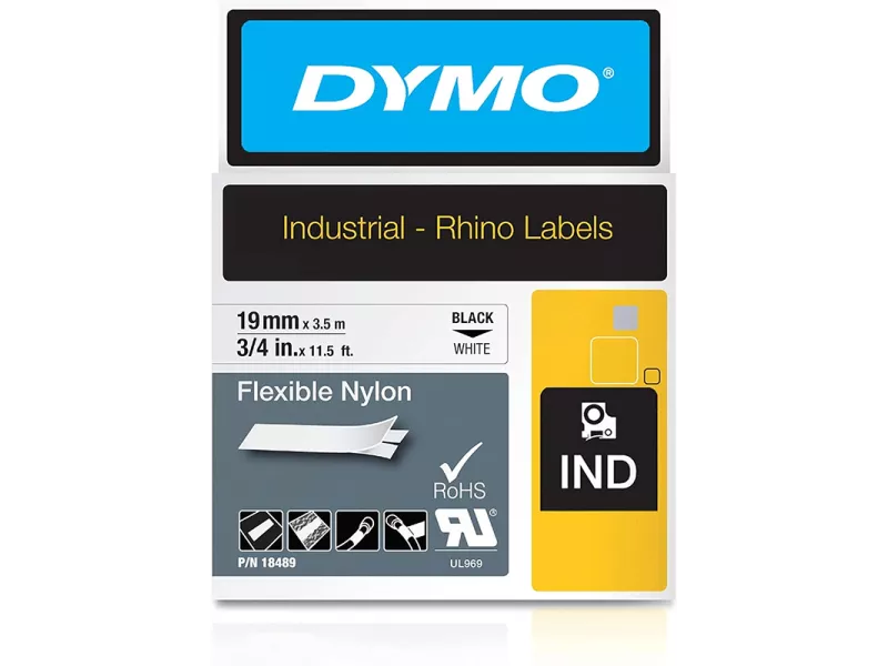 Nastro Originale Dymo 18489 - 19 mm x 3,5 m - Nylon Flessibile (Nero su Bianco)
