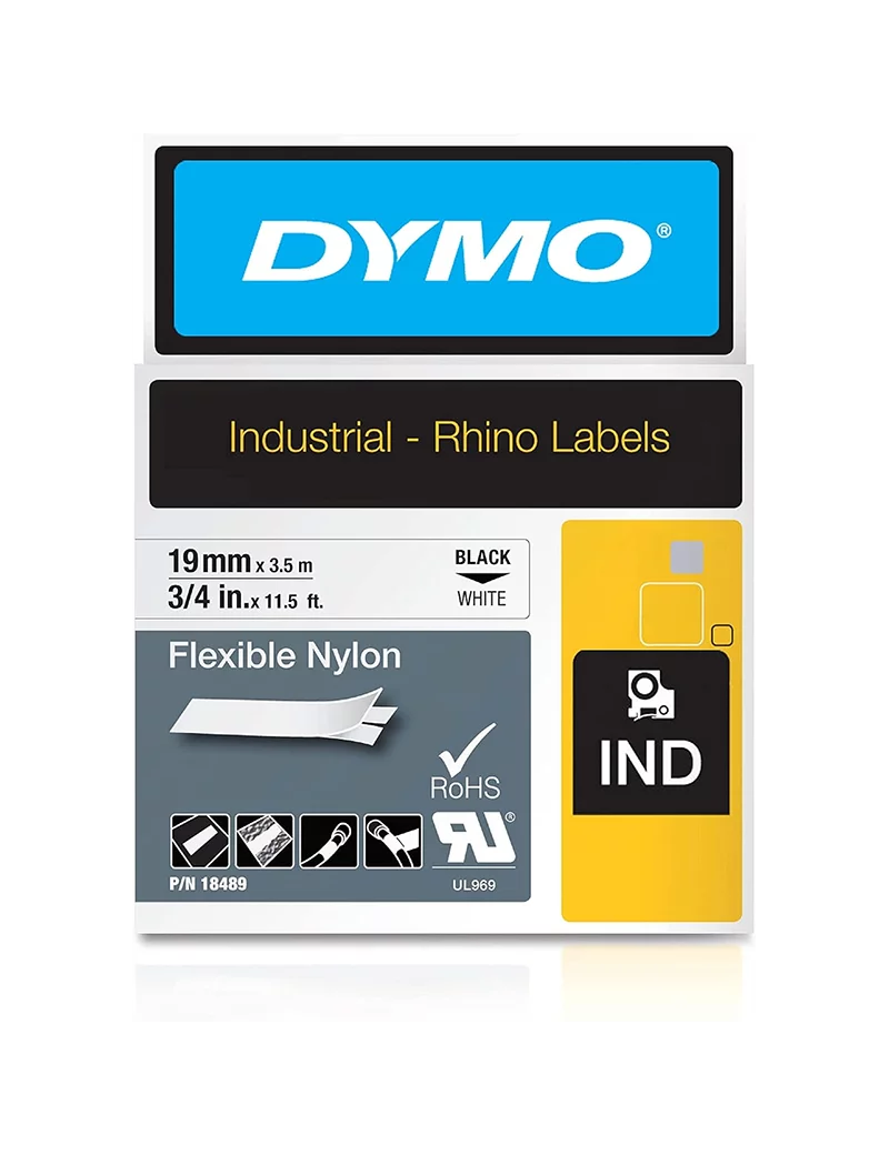 Nastro Originale Dymo 18489 - 19 mm x 3,5 m - Nylon Flessibile (Nero su Bianco)