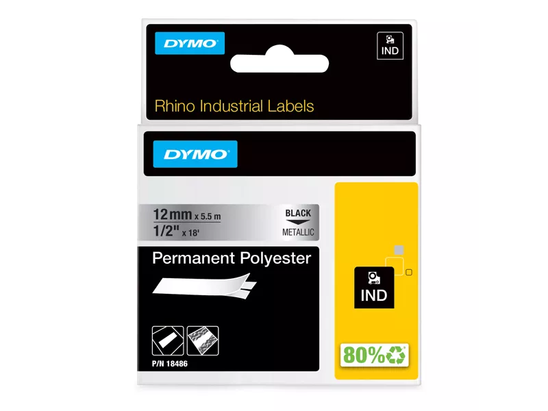 Nastro Originale Dymo 18486 - 12 mm x 5,5 m - Poliestere (Nero su Metallo)
