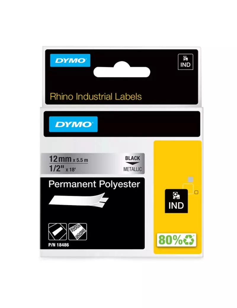 Nastro Originale Dymo 18486 - 12 mm x 5,5 m - Poliestere (Nero su Metallo)