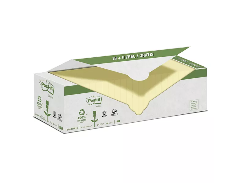 Post-it Notes 654-RYP24 3M - 76x76 mm - Carta Riciclata - 7100172342 (Giallo Conf. 24)