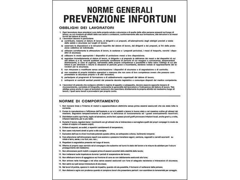 Cartello di Segnalazione - Norme Generali Prevenzione Infortuni - 50x67 cm - PO5031 (Bianco)