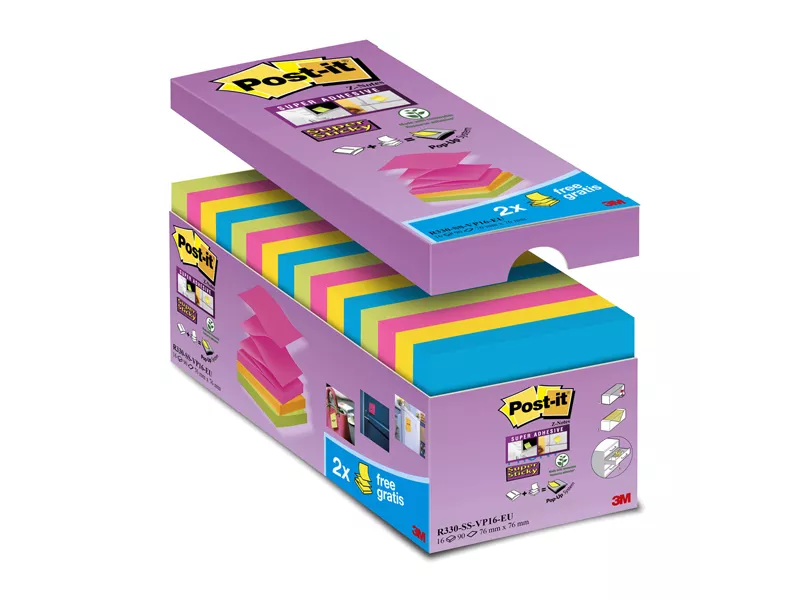 Post-it Z-Notes R-330-SS-VP16 3M - 76x76 mm - 29833 (Giallo Oro Blu Mediterraneo Fucsia Verde Asparago Conf. 16)