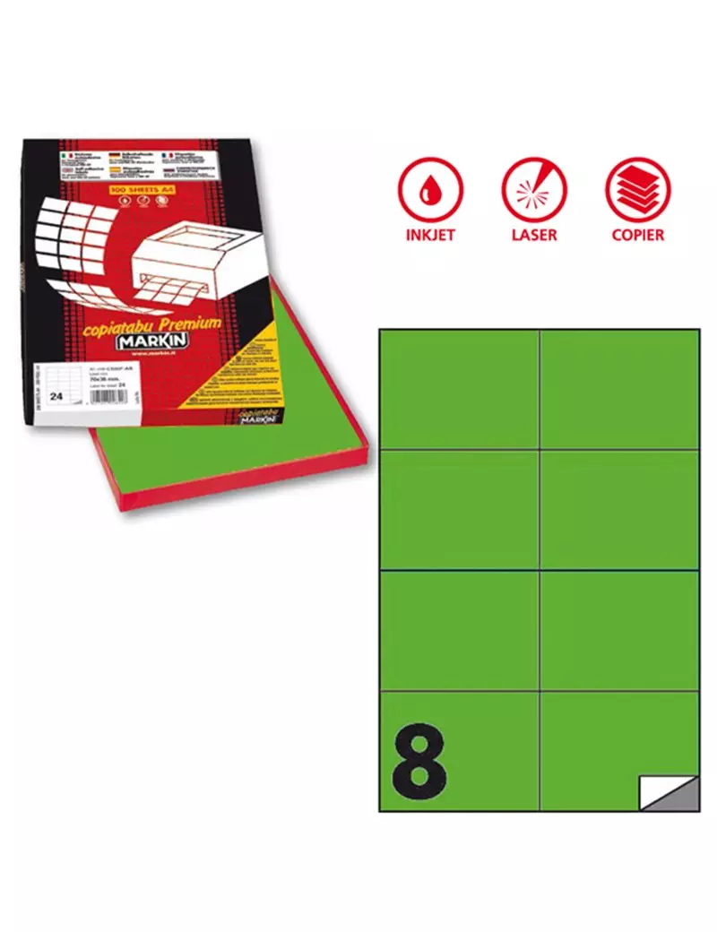 Etichette Adesive Markin - A4 - 105x74 mm - X210C512F-VE (Verde Fluo Conf. 100) Etichette Adesive Markin - A4 - 105x74 mm - X210C512F-VE (Verde Fluo Conf. 100)