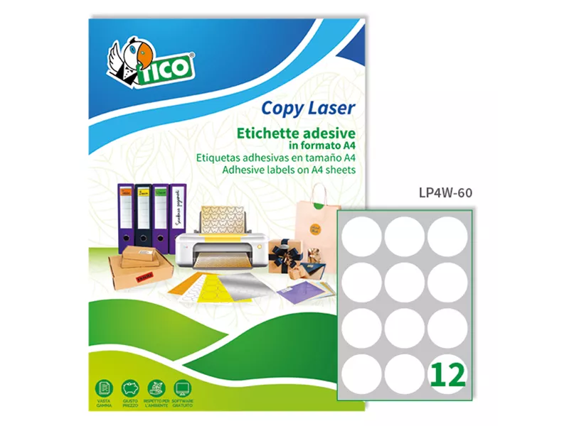 Etichette Adesive Rotonde Tico - 60 mm - Opache - LP4W-60 (Bianco Conf. 100)