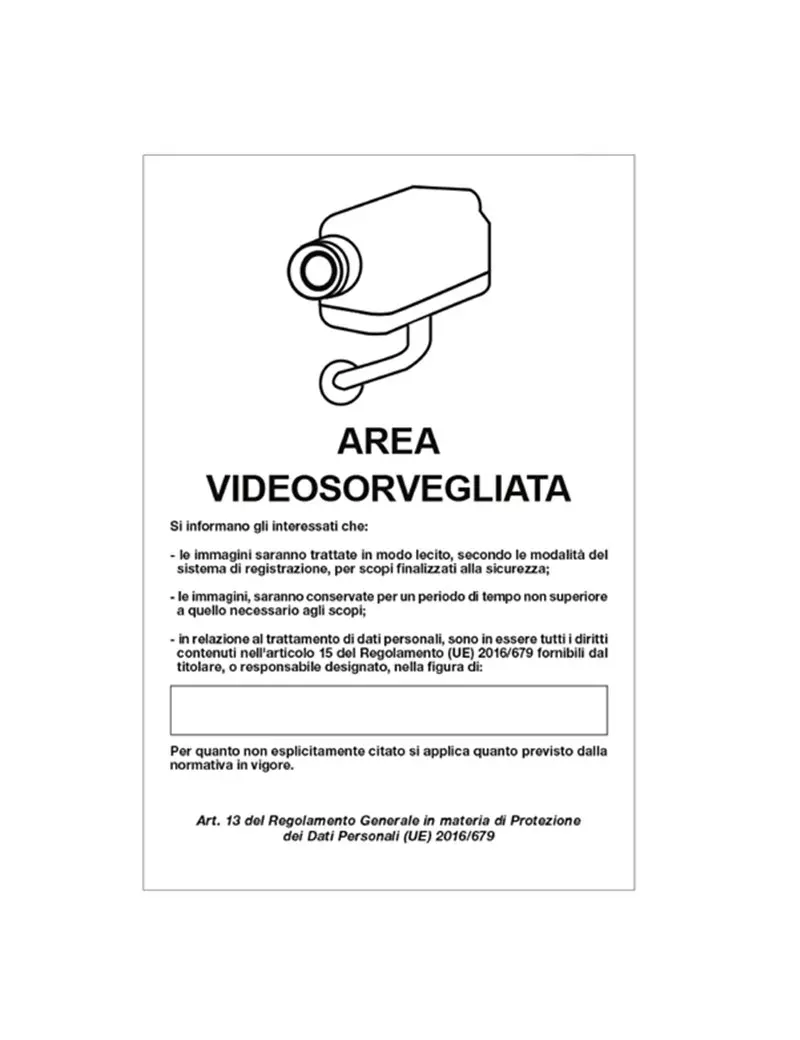 Cartello di Segnalazione - Area Videosorvegliata con Registrazione - 20x30 cm - 33328 (Bianco) Cartello di Segnalazione - Area Videosorvegliata con Registrazione - 20x30 cm - 33328 (Bianco)