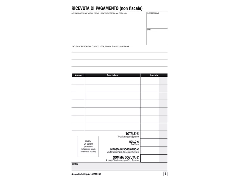 Blocco Ricevute B&B Affittacamere Data Ufficio - 25/25 Copie Autoricalcanti - 16,8x10 cm - DU16257B250